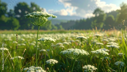 Sunlit Meadow Filled with White Wildflowers Lush Green Grass and Distant Trees Under Clear Blue Sky in Countryside Landscape
