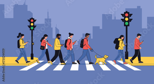People cross a busy city street on a marked crosswalk while looking at their phones.