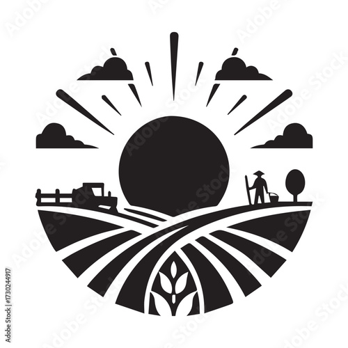 Silhouette of a farmer and tractor in a circular field at sunrise with clouds Keywords: farm, agriculture, sunrise, rural, landscape, farmer, tractor, farming, countryside, harvest, nature