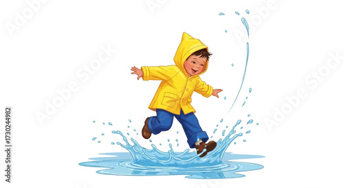 An illustrated happy young child in a yellow raincoat joyfully jumps and splashes in a puddle of water.