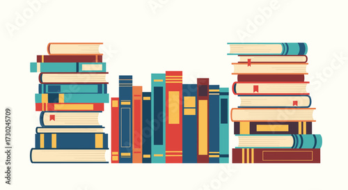 A collection of colorful books stacked neatly on shelves for reading and learning.