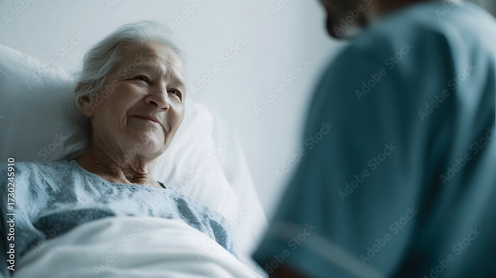 Fototapeta premium Elderly patient smiles warmly while looking at a caregiver in a bright hospital room