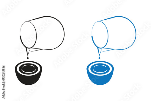 Vector art of two stylized icons depicting a liquid being poured from a beaker into a bowl, one in black and white outline and the other in blue 