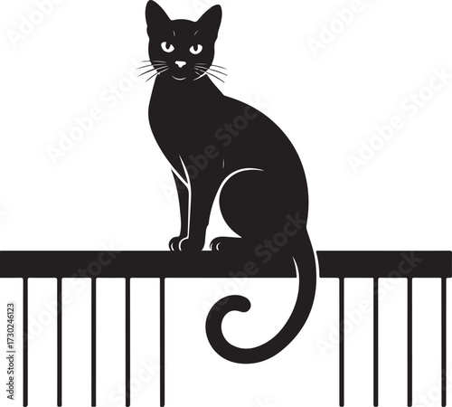 Sitting Cat on Fence – Black and White Pet Silhouette