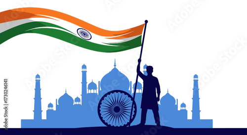 Illustration of India's flag waving in front of the Taj Mahal.