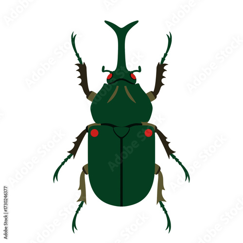 Illustration of a detailed green beetle with a prominent horn and red eyes