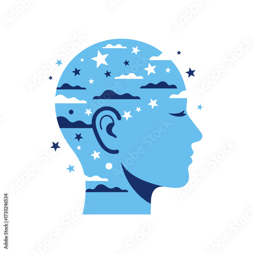 A stylized illustration depicting a human head filled with clouds, stars, and a night sky.
