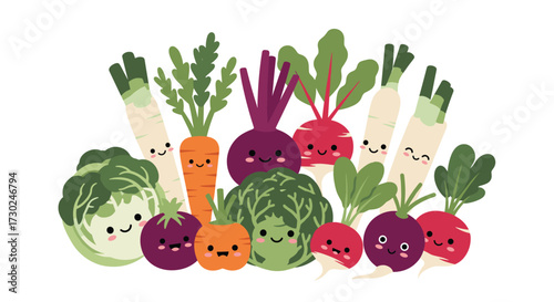 A collection of cute cartoon vegetables arranged together in a colorful assortment.