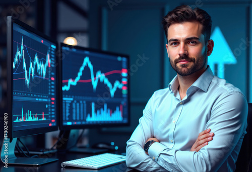 Digital currency analyst confidently posing beside a trading setup
