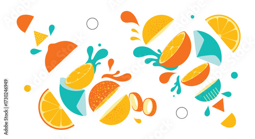 Abstract bright citrus fruit slices and water splashes dynamic composition.