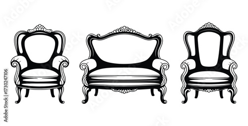 Elegant Vintage Furniture Set Black and White Decorative Illustration Design