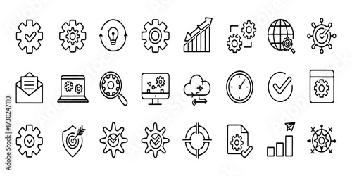 Settings icon set. Containing options, configuration, preferences, adjustments, gear, control panel and more icons. Vector illustration.