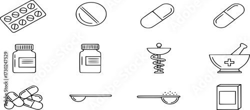 Pharmaceutical medicine and pill line icon. set of medicine icons, pills, capsules, drug store, pharmacy