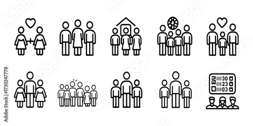 Family, relationship icon set. Parents with children, family bonding, pregnant, playing with kids, reading together, spending time at home. Family life, childcare. Line with vector illustration.
