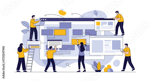 A collaborative team of individuals is working together to design and build a complex digital interface.
