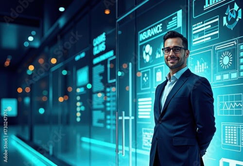 Wallpaper Mural Claims manager standing confidently beside the insurance area with digital displays Torontodigital.ca