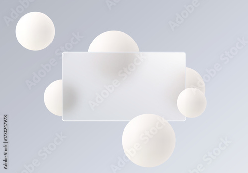 Minimalist vector composition featuring a translucent glass panel on a light gradient background with smooth white 3D spheres.