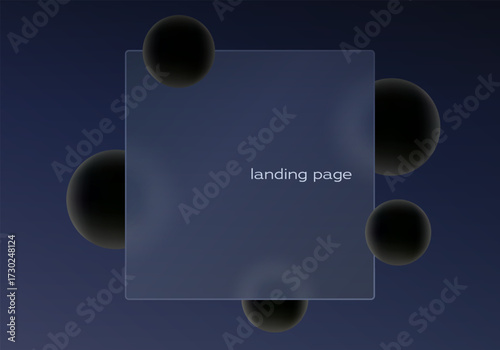 Dark background with translucent glass panel and soft black spheres for landing page or UI design.