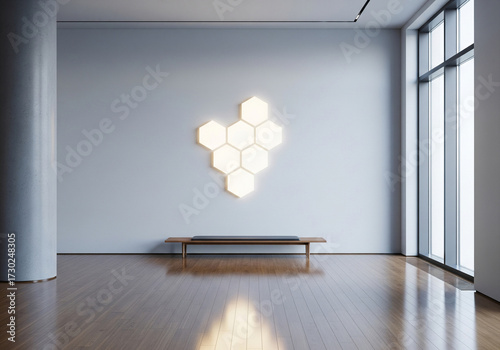 Modern minimalist interior with hexagonal led wall lights and a wooden bench in a spacious room with large windows