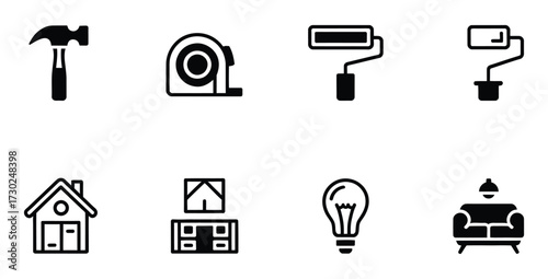 Home Improvement and Interior Design Elements Black and White Icon Set