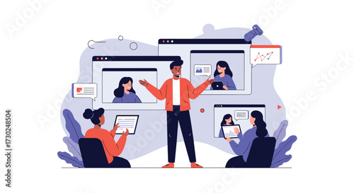 A team of people collaborating on a project during a virtual meeting via video calls.