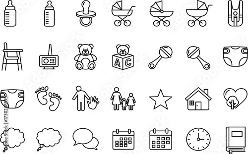 Baby care icon set, parenting symbols, family life items, childcare tools, toddler accessories, line style, black and white, vector illustration