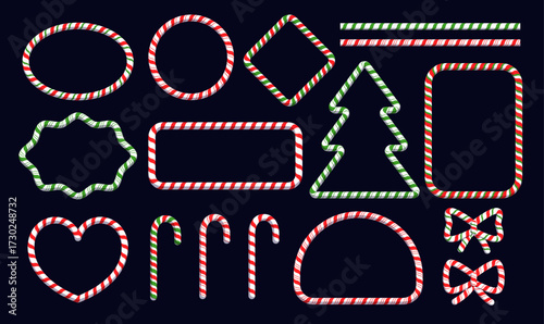 Flat festive candy cane frame borders set. Red white swirl lollipops, peppermint holiday tree, oval, circle frames for merry Christmas invitations vector design