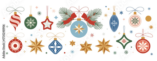 Christmas Baubles and Ornaments Set – Vintage Winter Holiday Decorations with Festive Patterns, Seasonal Xmas Decor Balls, Flat Vector Illustration on White Background