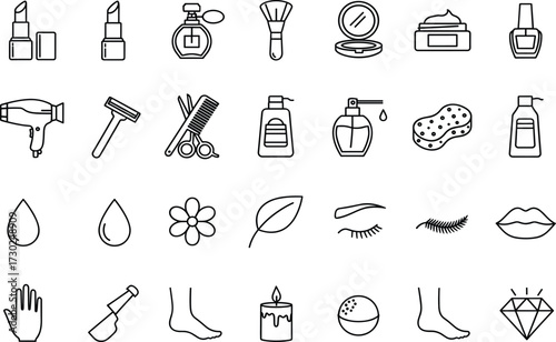 Beauty and personal care icon set, line style, black and white, makeup tools, hygiene items, skincare symbols, vector illustration