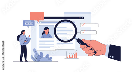 Hiring process with candidate profile analysis and magnifying glass inspection for best match.
