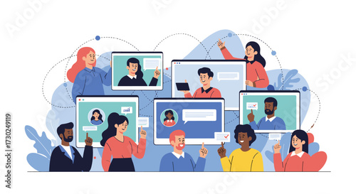 A group of diverse people engage in online communication and collaboration through digital screens