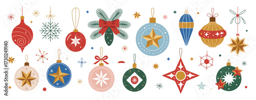 Christmas Baubles and Ornaments Set – Vintage Winter Holiday Decorations with Festive Patterns, Seasonal Xmas Decor Balls, Flat Vector Illustration on White Background