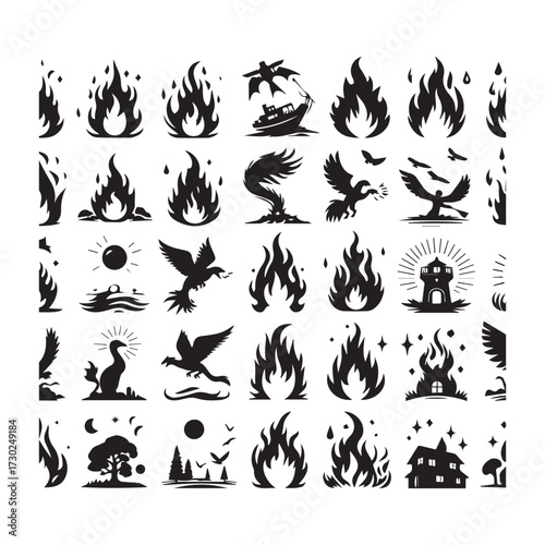 Assortment of black silhouette icons featuring flames, birds, a ship, a lighthouse, and nature scenes Keywords: fire, flame, icon, symbol, bird, eagle, ship, boat, lighthouse, sun, sea, waves