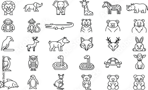 Cartoon animal icons, jungle wildlife, forest creatures, aquatic animals, zoo species, black and white, vector, line art, educational set