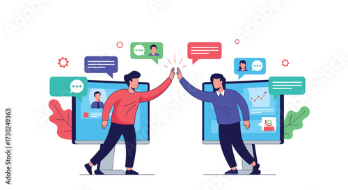 Two people giving each other a high five celebrating success in a video call environment.