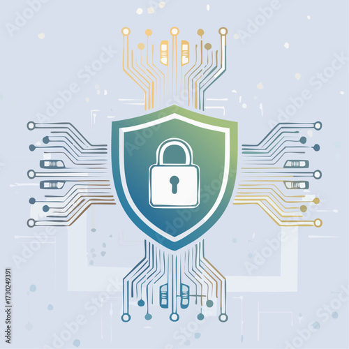 Digital security concept with a shield and padlock, representing data protection and cybersecurity.