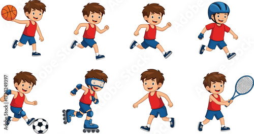 Cartoon boy playing basketball, running, soccer, tennis, roller skating, exercising, sports activities, active lifestyle, fitness, outdoor games, children fun, athlete