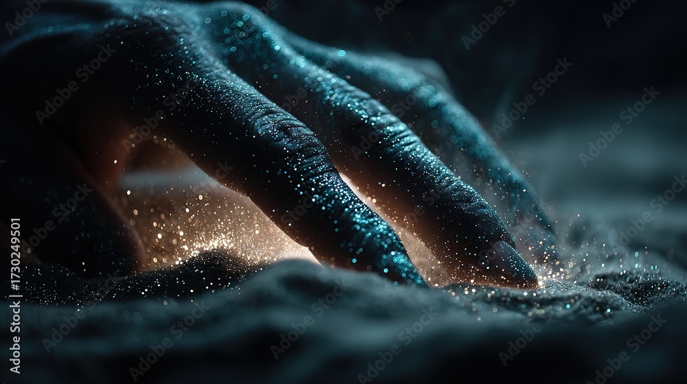 Fototapeta premium Hand Tapping Data Cloud on Blue, IoT AI Driving Future Business Intelligence