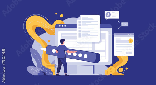 Illustrating the process of digital content creation and online document management for business growth and communication.