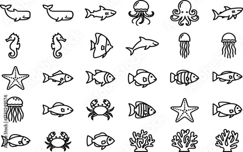 Cartoon sea icons, marine creatures, ocean animals, underwater life, coral reef, fish set, black and white, vector, line art