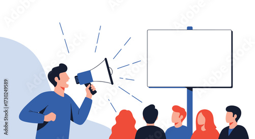 A person with a megaphone addressing a diverse group of people who are listening intently.