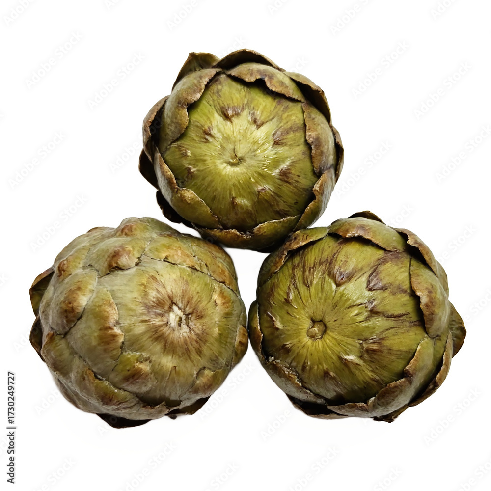 Fototapeta premium Fresh Whole Artichokes with Green Leaves and Brown Tips on Transparent Background Clipping Path