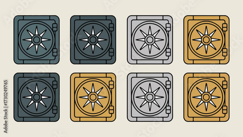Illustration of eight safes arranged in a grid pattern with varying colors and design elements