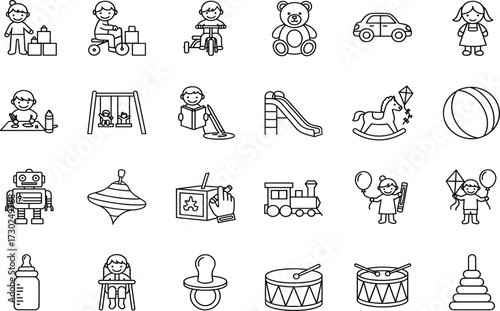 Childhood and playtime icon set, baby care, toys, activities, early learning tools, line style, black and white, vector illustration