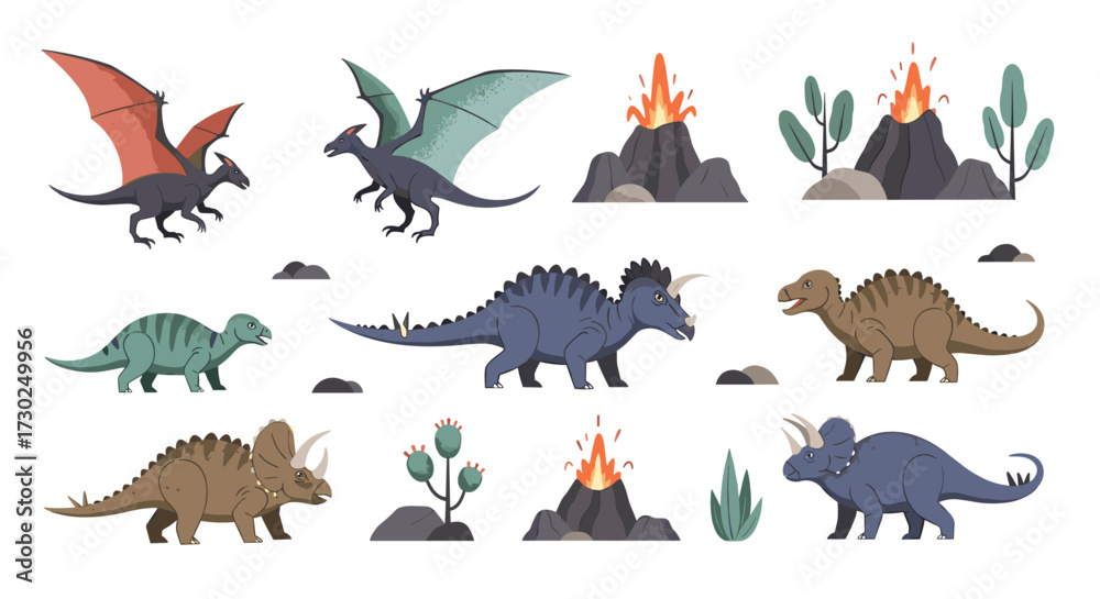 Fototapeta premium Collection of prehistoric creatures and erupting volcanoes set in a pixel art style.