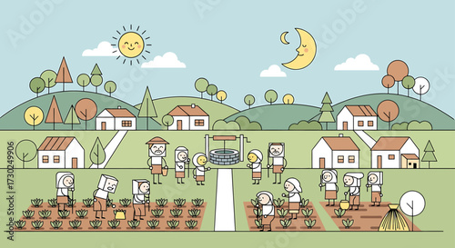 This flat design illustration portrays a harmonious community living in a stylized village, emphasizing the connection between people and nature through simple shapes and a limited color palette.