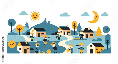 This flat design illustration portrays a harmonious community living in a stylized village, emphasizing the connection between people and nature through simple shapes and a limited color palette.