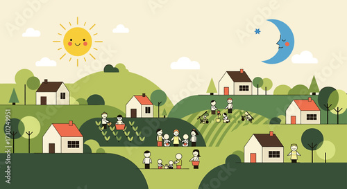 This flat design illustration portrays a harmonious community living in a stylized village, emphasizing the connection between people and nature through simple shapes and a limited color palette.