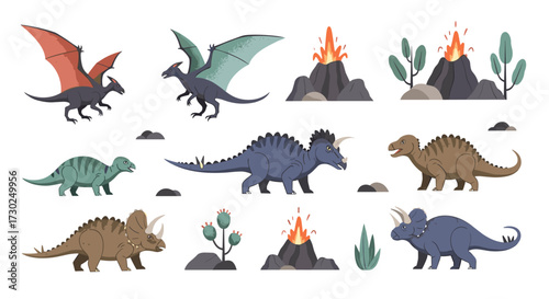 Collection of prehistoric creatures and erupting volcanoes set in a pixel art style.