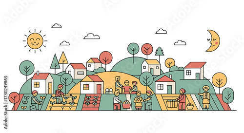 This flat design illustration portrays a harmonious community living in a stylized village, emphasizing the connection between people and nature through simple shapes and a limited color palette.
